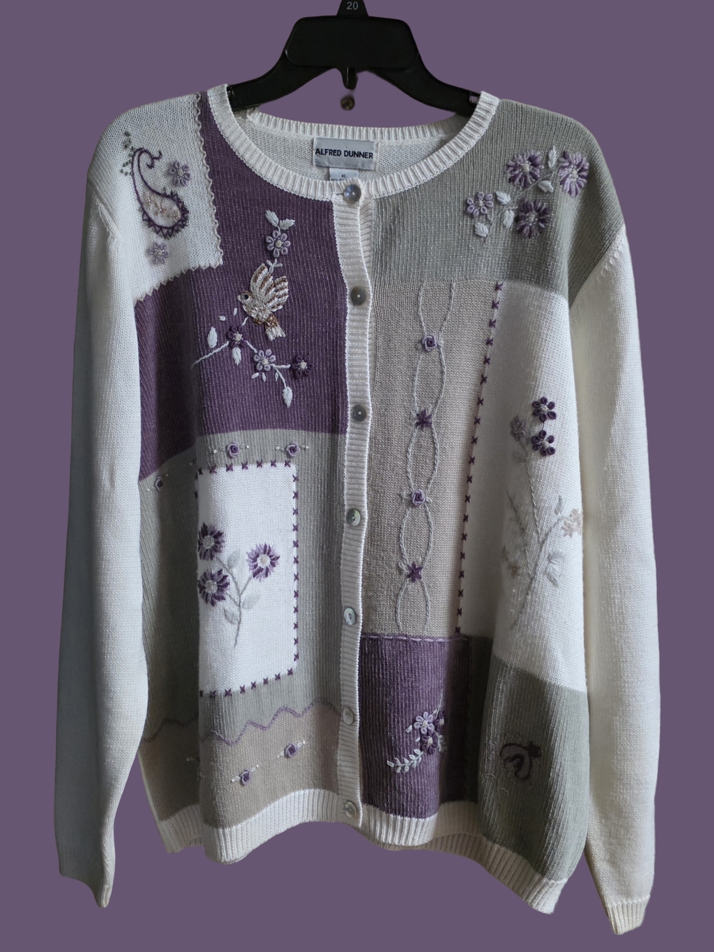 Vintage Alfred Dunner Floral Bird Embroidered Patchwork Style Knit Cardigan